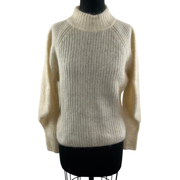 H&M Cream Mohair Wool Blend Ribbed Mock Neck Long Sleeve Fuzzy Sweater Size L - Picture 1 of 8
